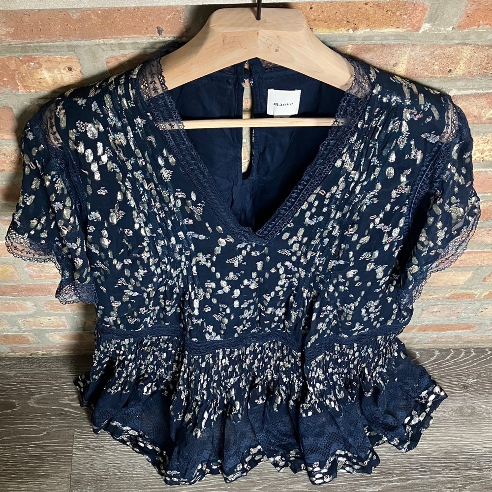 Anthropologie Maeve V-Neck Lurex Tiered Mini Dress. - Picture 6 of 16